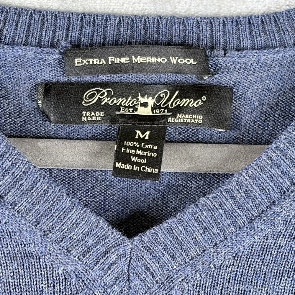 Pronto Uomo Extra Fine Merino Wool V-Neck Sweater Blue Heather Men M